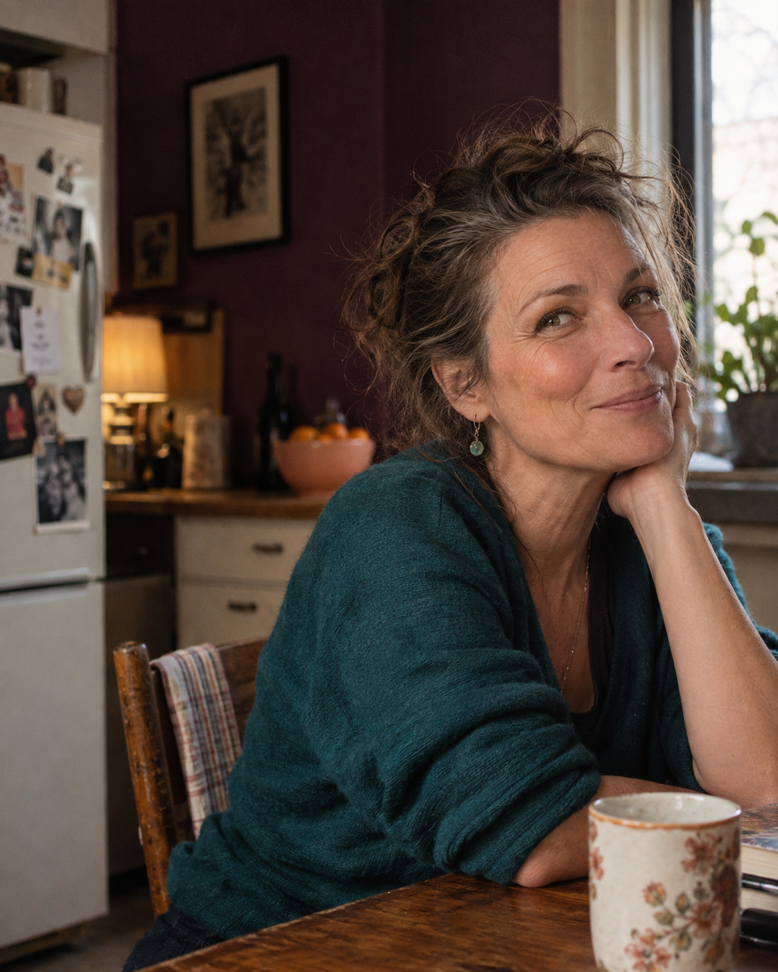 A confident Gen X woman sitting at her kitchen table with a knowing smile