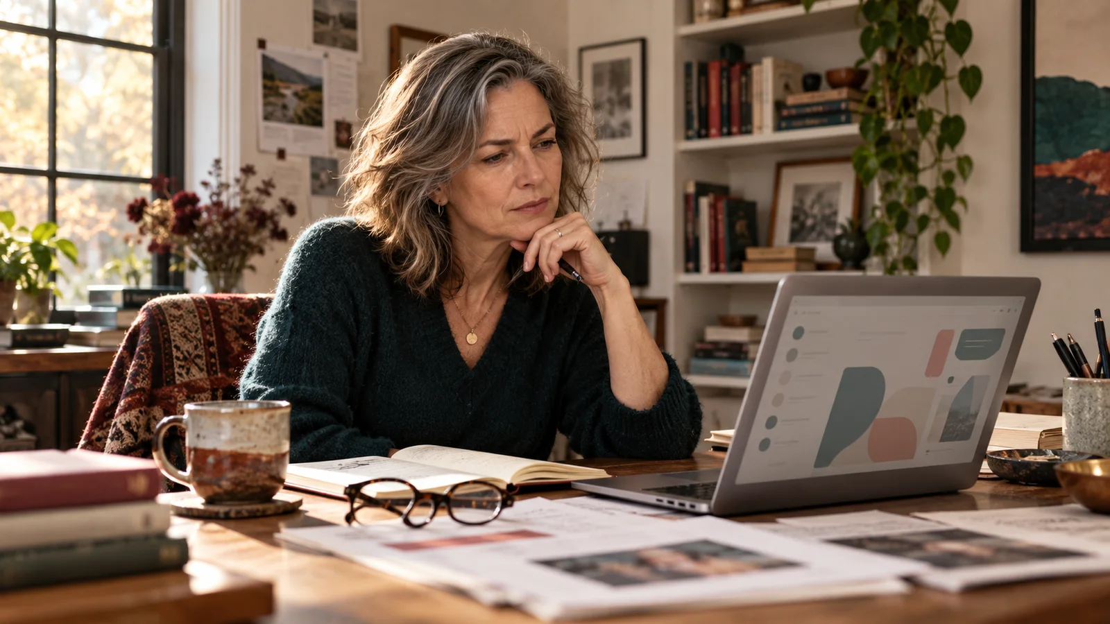 A woman in her fifties thoughtfully reviewing a laptop beside a notebook in a warm home office